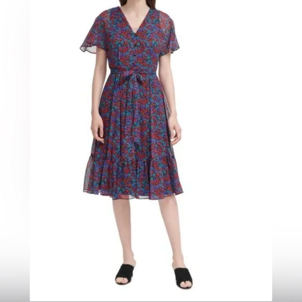 Calvin Klein Red and Blue Ruffled Tie Front Midi Dress